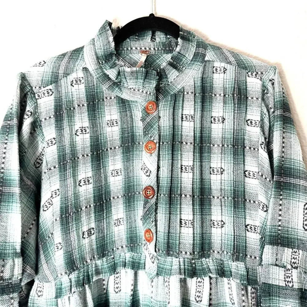 Free People Green Redwood Flannel Plaid Babydoll Mini Dress Size Medium